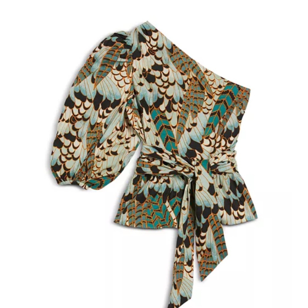 Ted Baker Green and Brown Puff Sleeve Asymmetrical Blouse